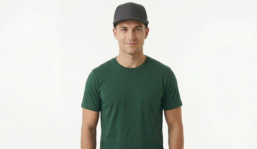 A man in a blank green t-shirt and blank grey snapback hat
