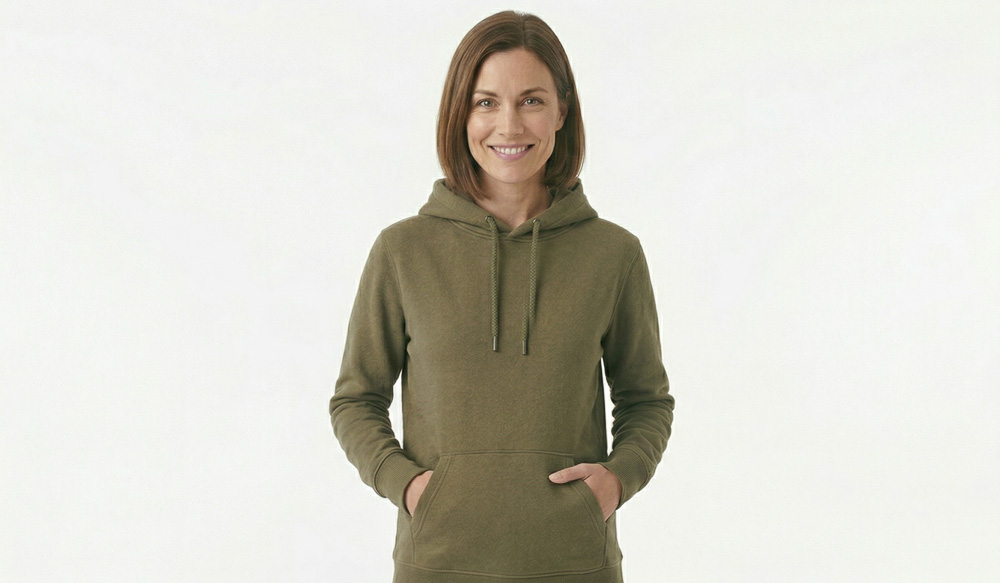 A woman in a blank olive green hoodie