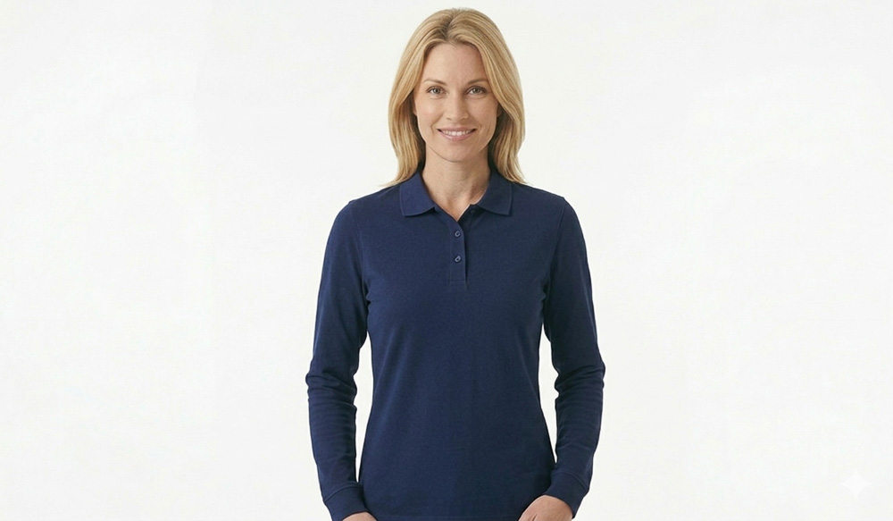 A woman in a blank navy blue long sleeve polo