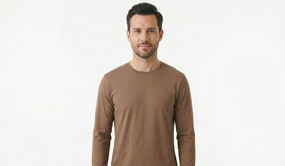 A man in a blank brown long sleeve t-shirt