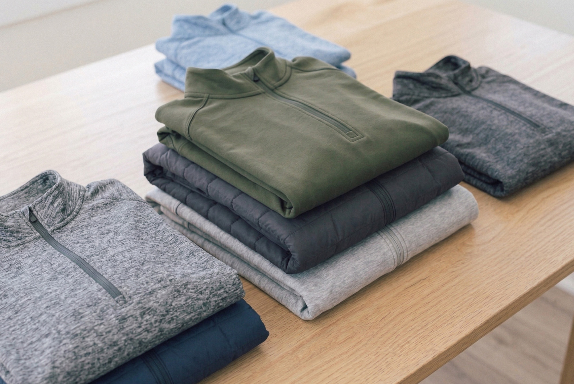 Stacks of blank quarter zips awaiting printing and embroidery at Norwest Graphics