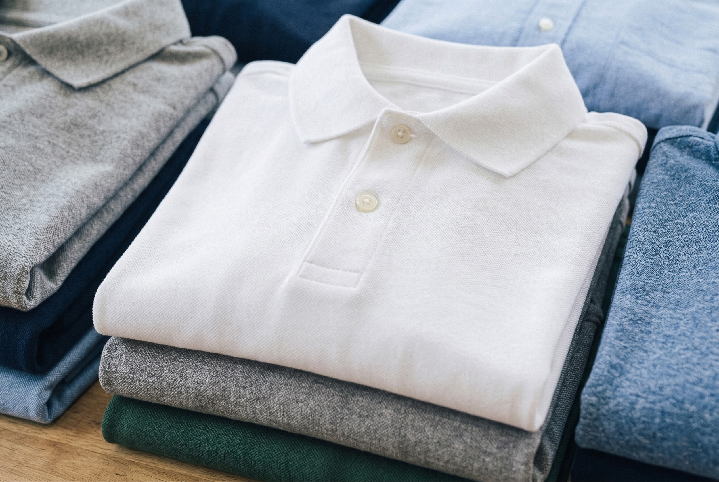 A stack of blank polo shirts awaiting printing and embroidery at Norwest Graphics