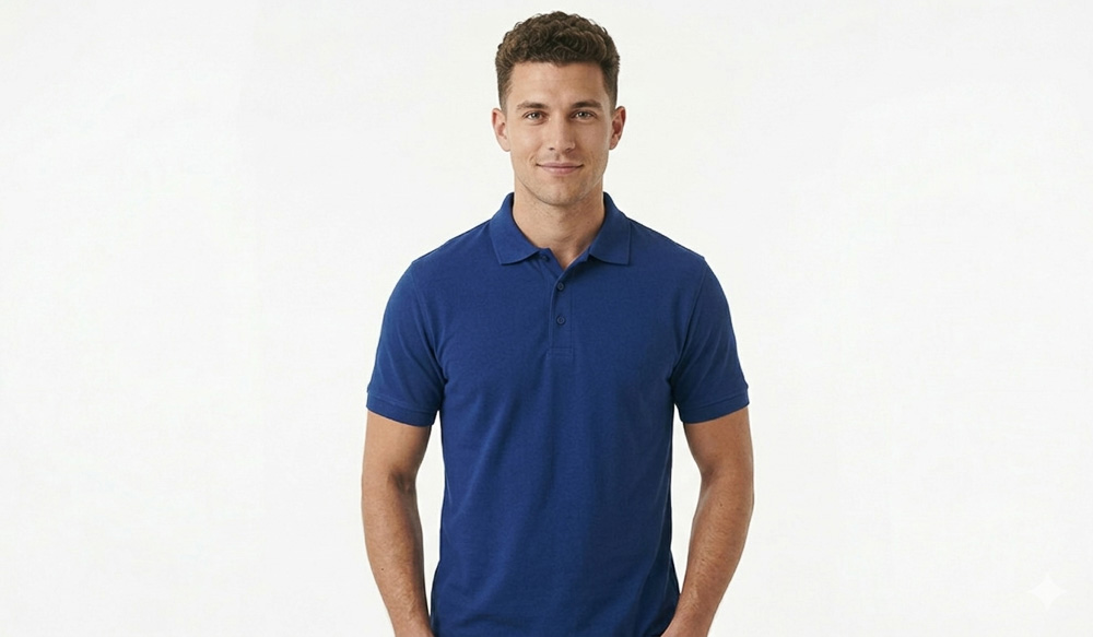 A man in a blank blue polo shirt
