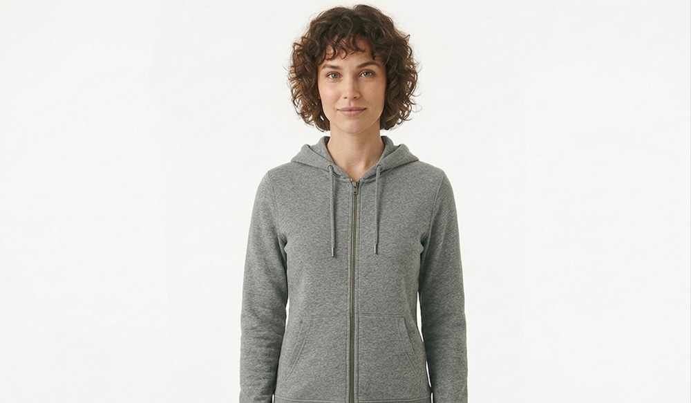 A woman in a blank grey zip up hoodie